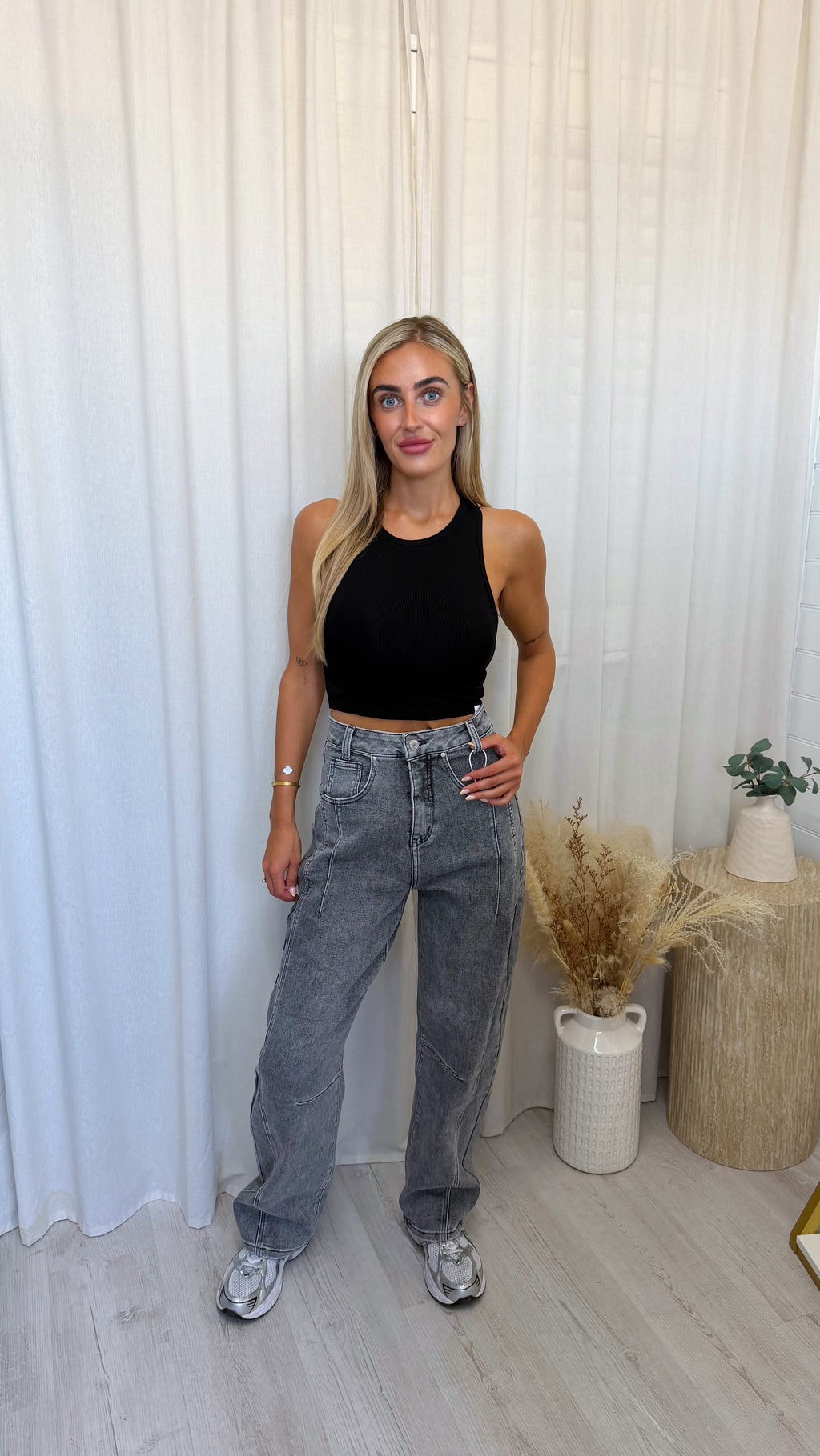 Barrel Fit High Waisted Jeans - ACID WASH GREY