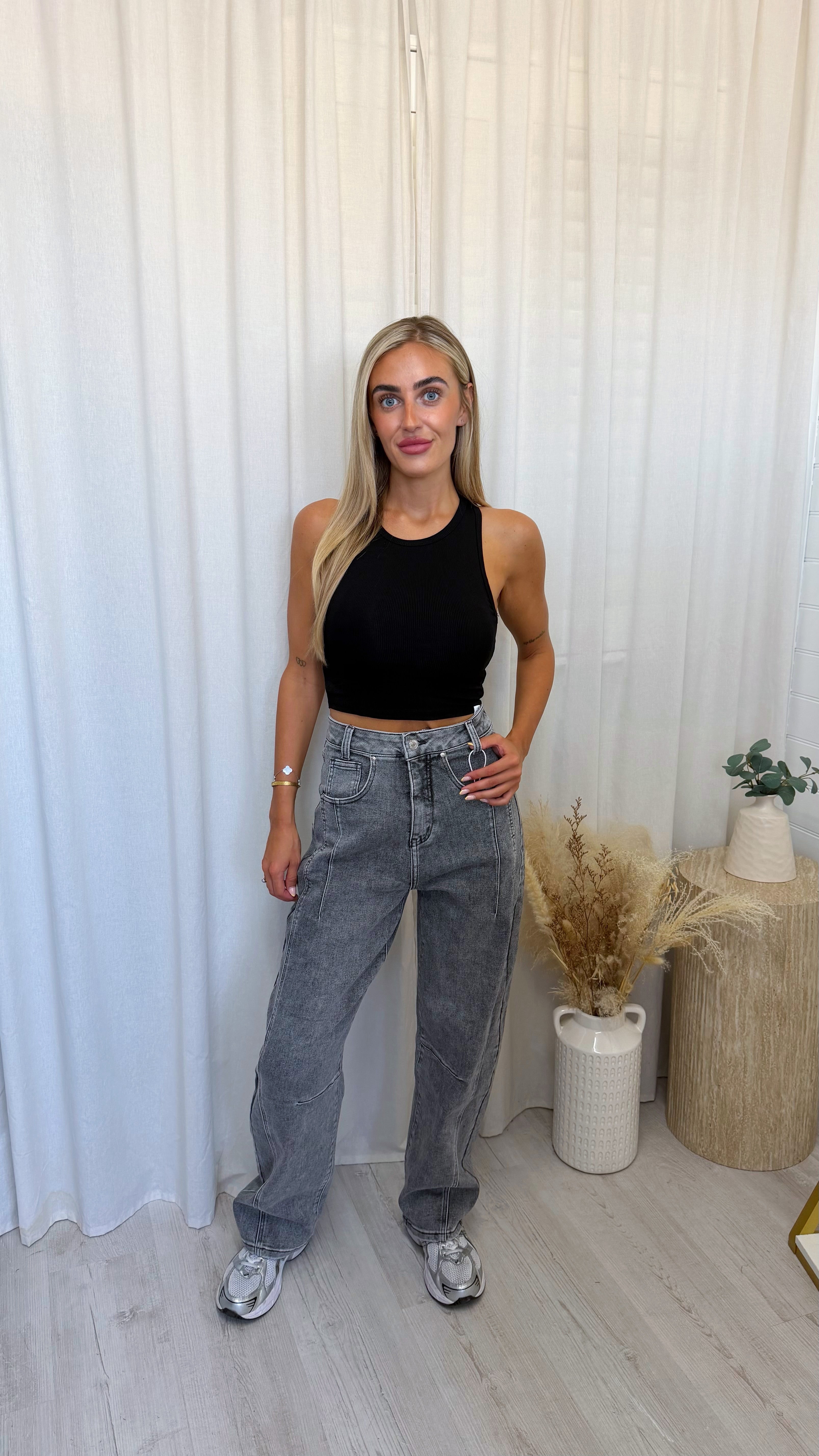 Barrel Fit High Waisted Jeans - ACID WASH GREY