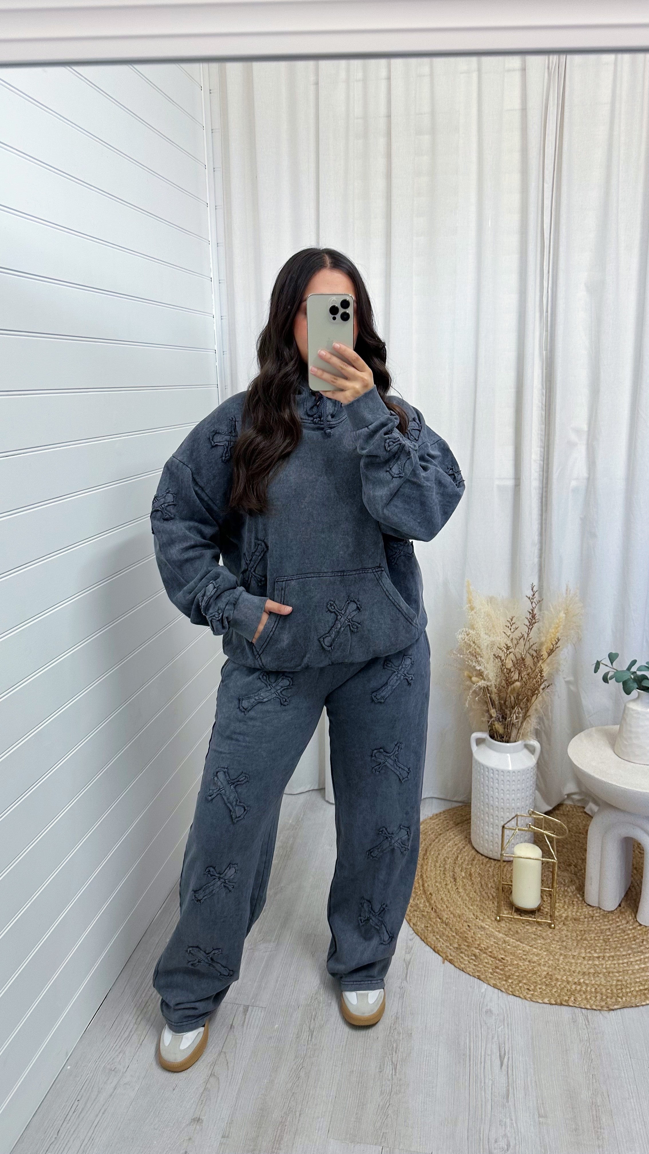 Distressed Cross Hoodie and Joggers Tracksuit - ACID WASH CHARCOAL