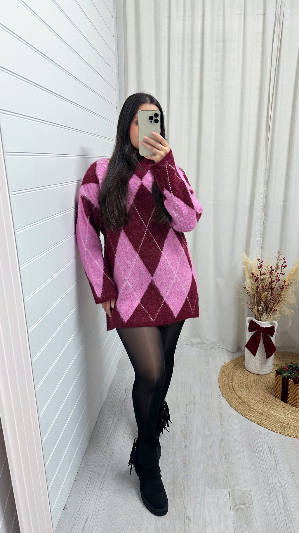 Argyle Woollen Jumper Dress - PINK/BURGUNDY