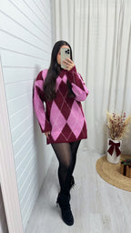 Argyle Woollen Jumper Dress - PINK/BURGUNDY