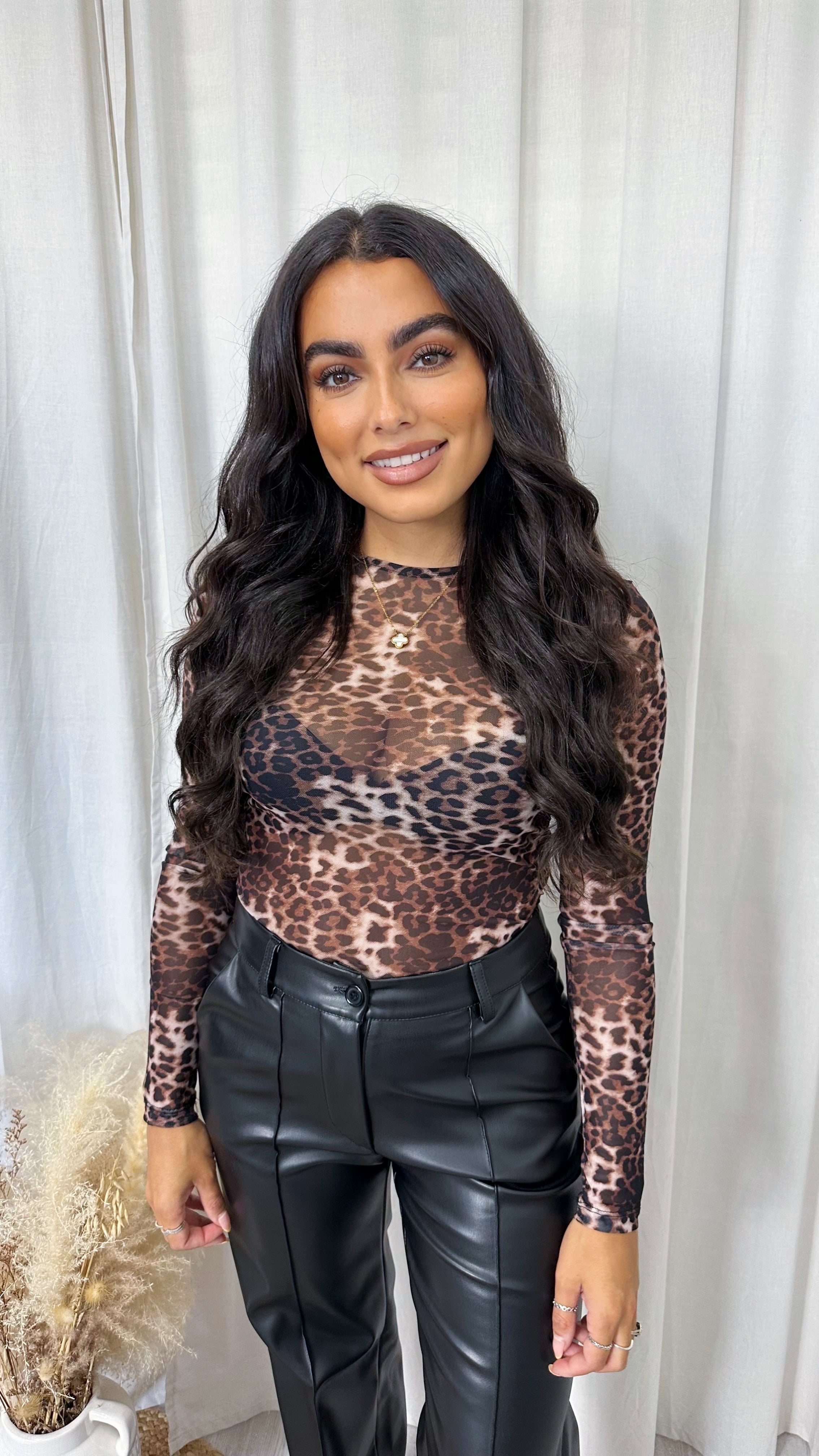 Leopard Print Mesh Long Sleeve Top - BROWN