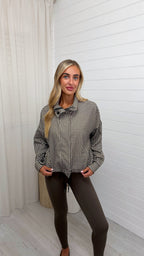 Gingham Toggle Bottom Bomber Jacket - BROWN