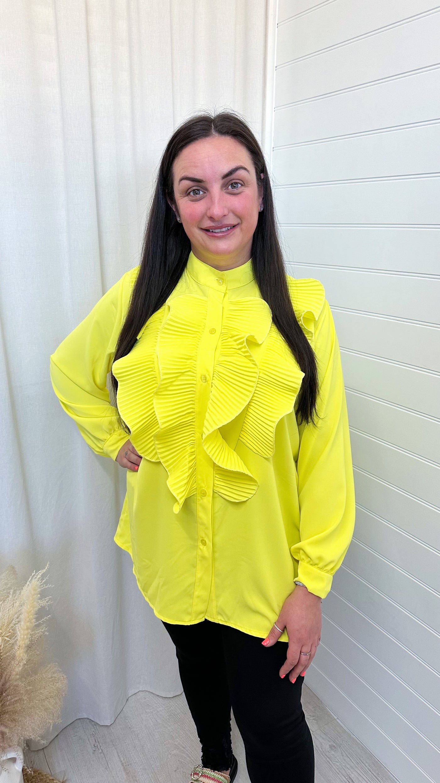 PLUS Pleated Frill Long Sleeve Blouse - YELLOW