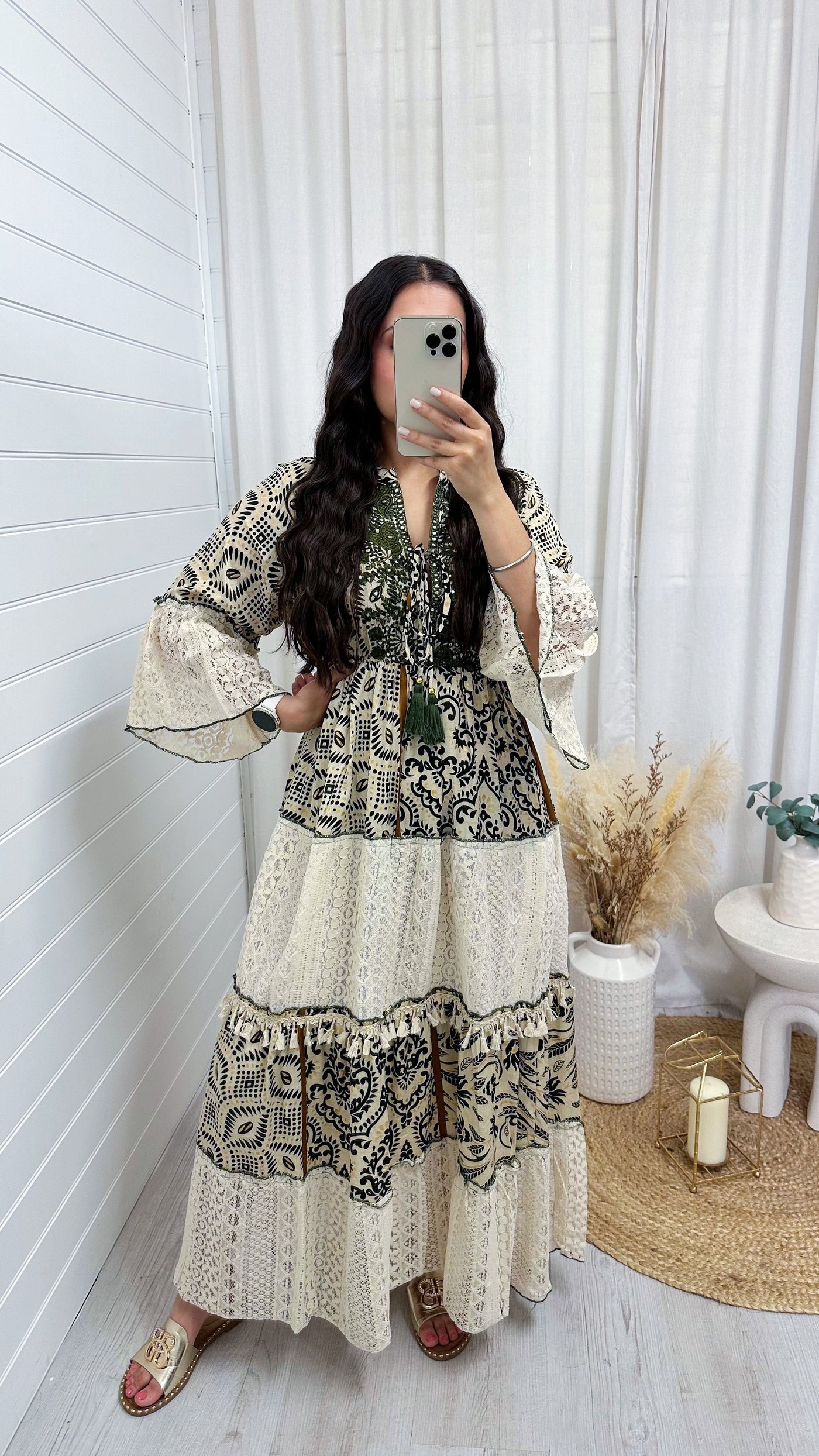 Lace Panel Damask Print Maxi Dress - KHAKI