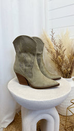 Laser Cut Embroidered Cowboy Boots - KHAKI