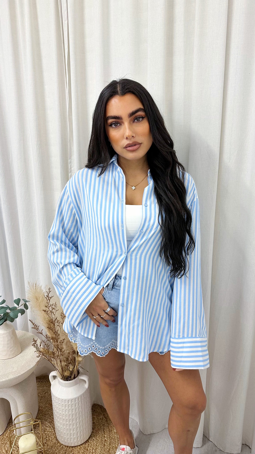 Pinstripe Oversized Cotton Shirt - BLUE