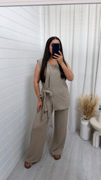 Wrap Over Sleeveless Top and Trousers Co-Ord - BEIGE