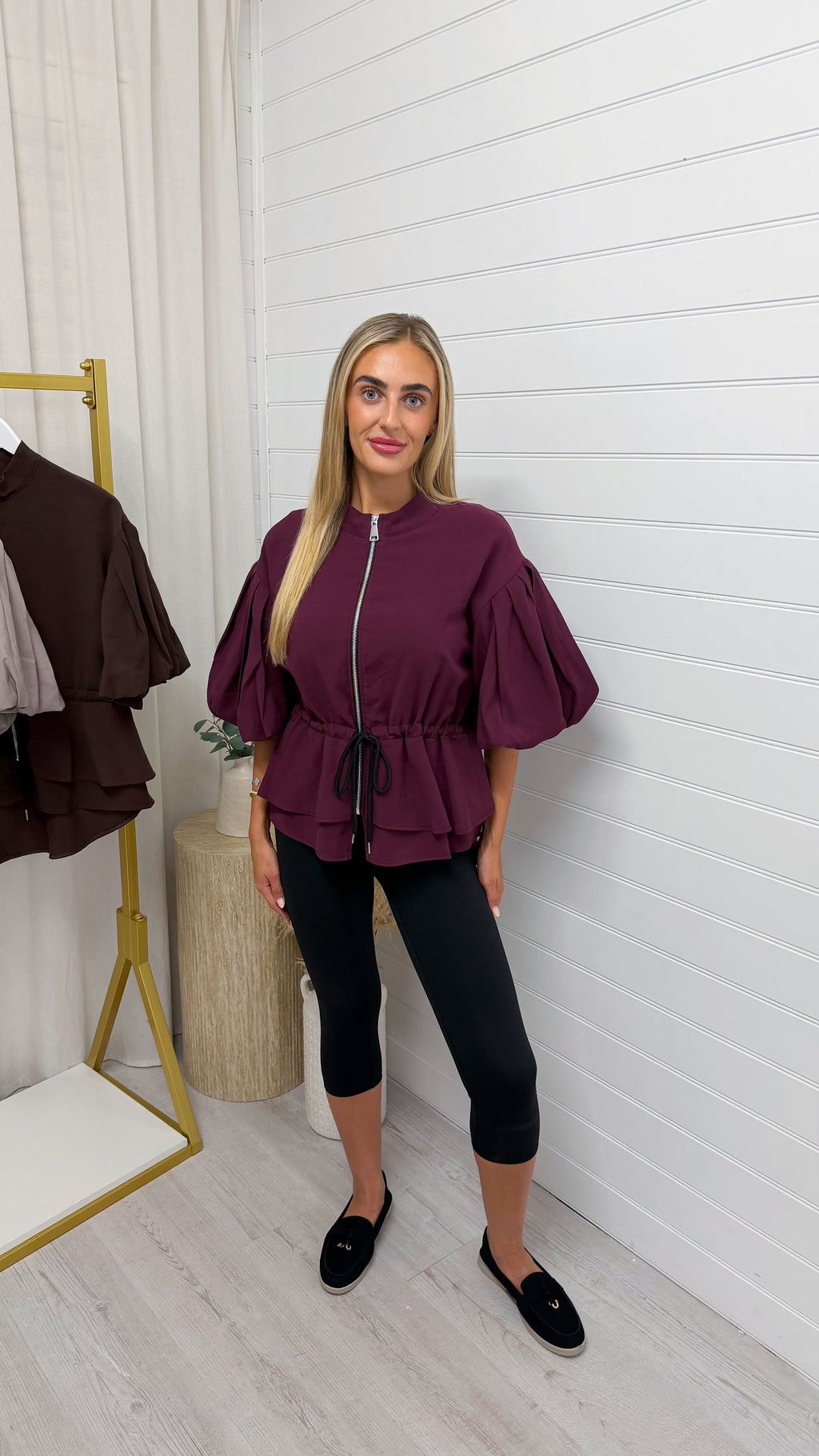 Balloon Sleeve Frill Shacket - WINE