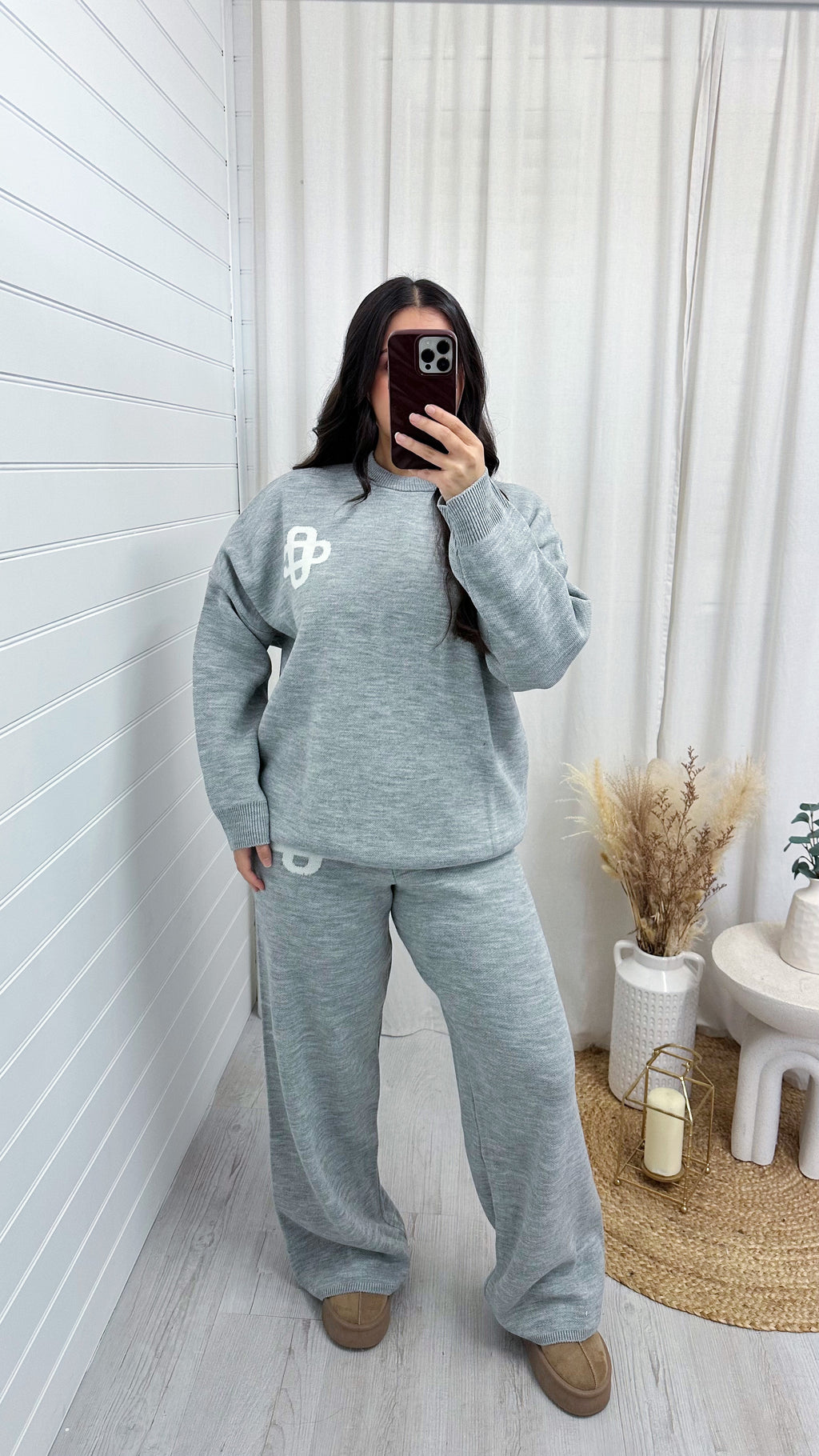 Knitted Logo Sweatshirt and Wide Leg Trousers Co-Ord - GREY