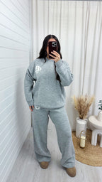 Knitted Logo Sweatshirt and Wide Leg Trousers Co-Ord - GREY