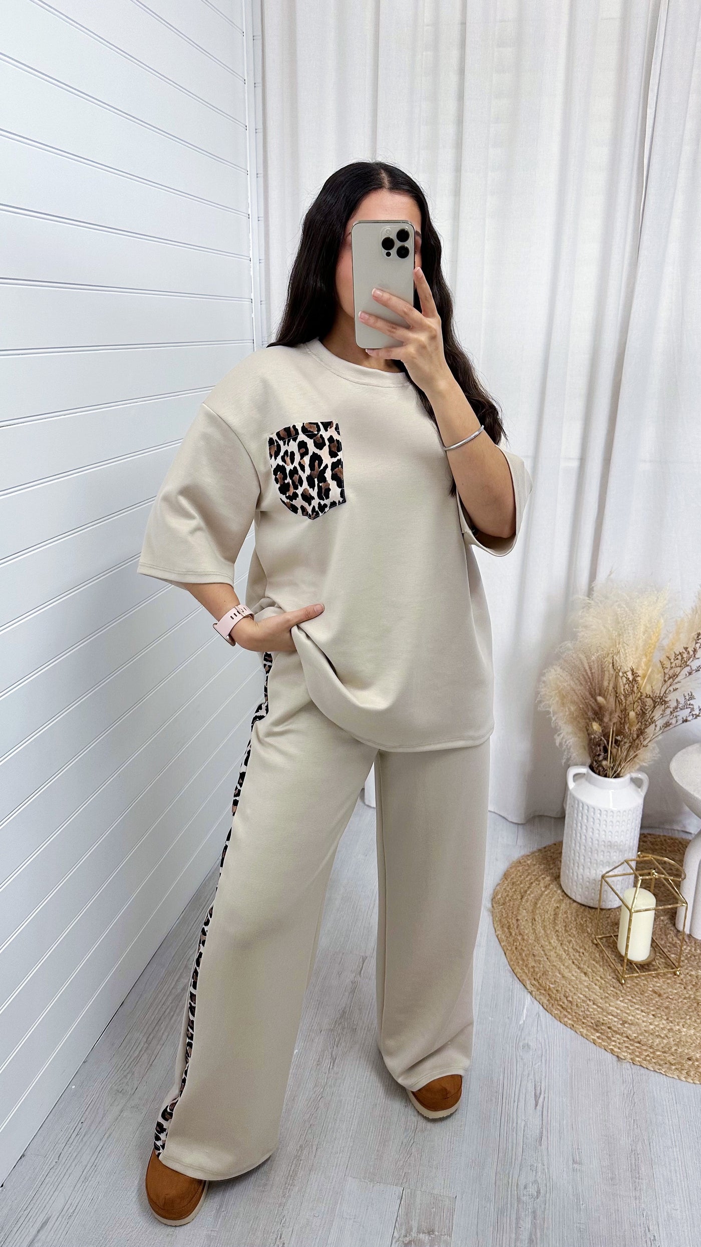 Leopard Print Pocket T-Shirt and Trousers Co-Ord - LIGHT BEIGE