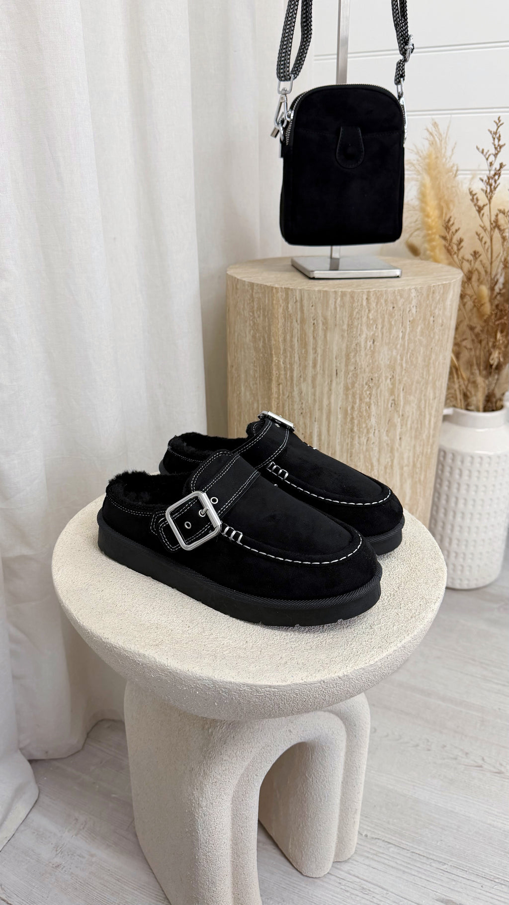 Buckle Strap Faux Fur Loafers - BLACK