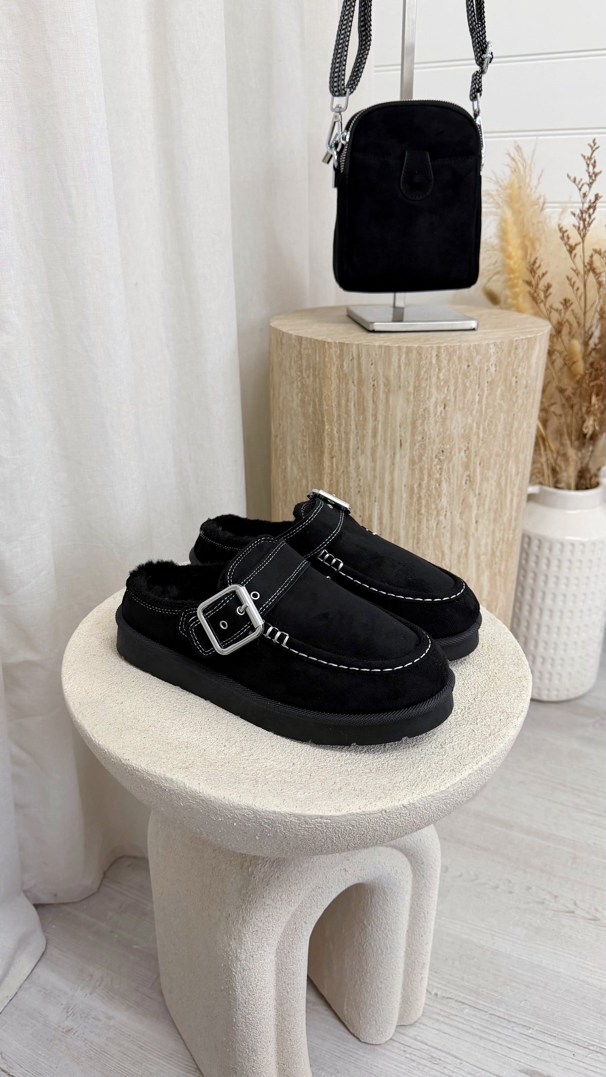 Buckle Strap Faux Fur Loafers - BLACK