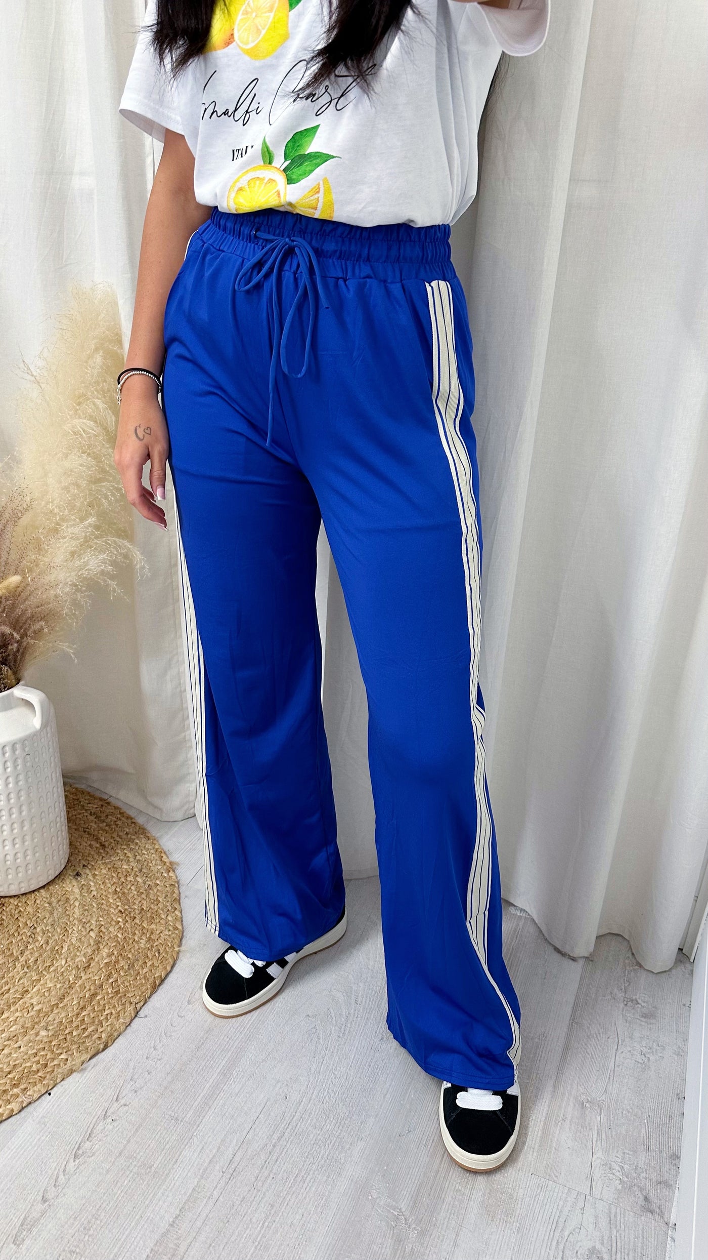 Women's Retro Plain Side Stripe Trousers - BLUE