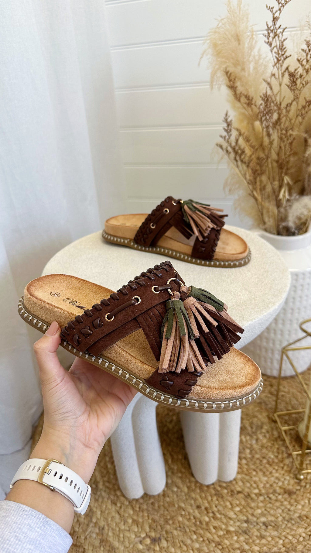 Boho Tassel Sliders - BROWN