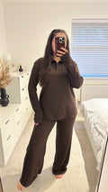 Textured Shimmer V Neck Top and Trousers Co-Ord - BROWN