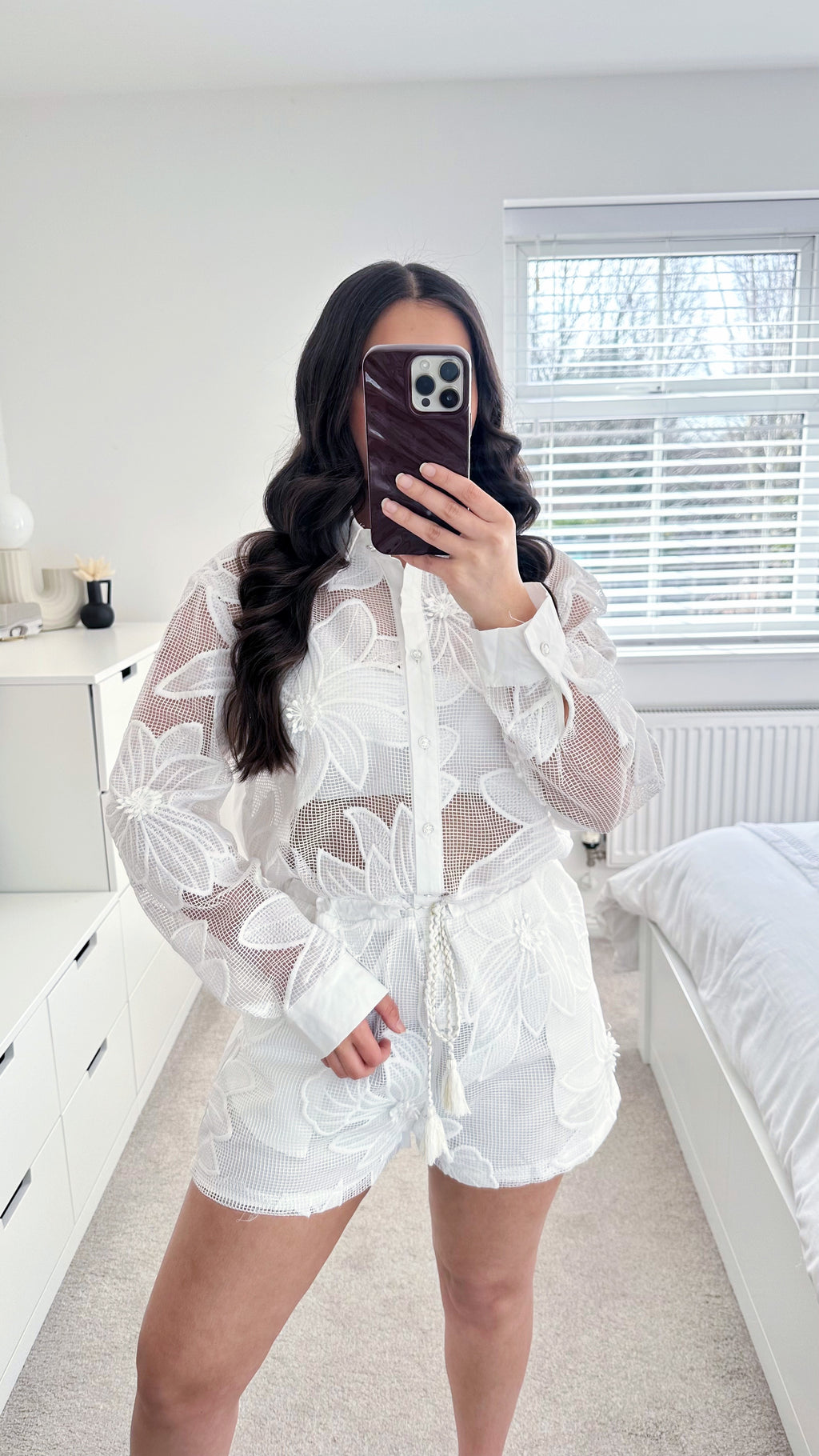 Floral Embroidered Mesh Playsuit - WHITE
