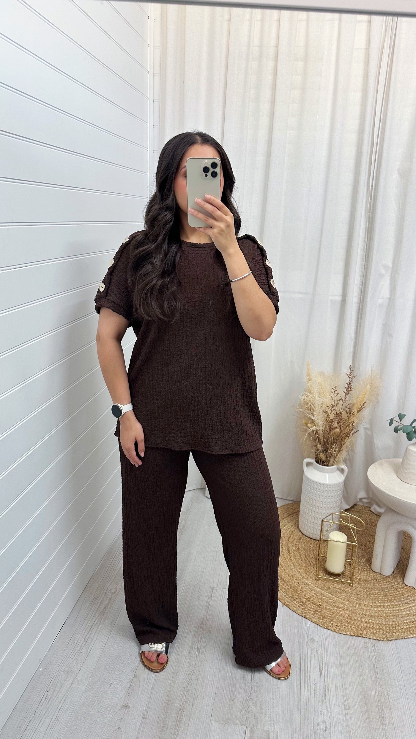 Cheesecloth Gold Button T-Shirt and Trousers Co-Ord - BROWN
