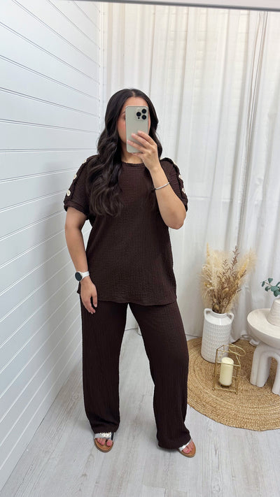 Cheesecloth Gold Button T-Shirt and Trousers Co-Ord - BROWN