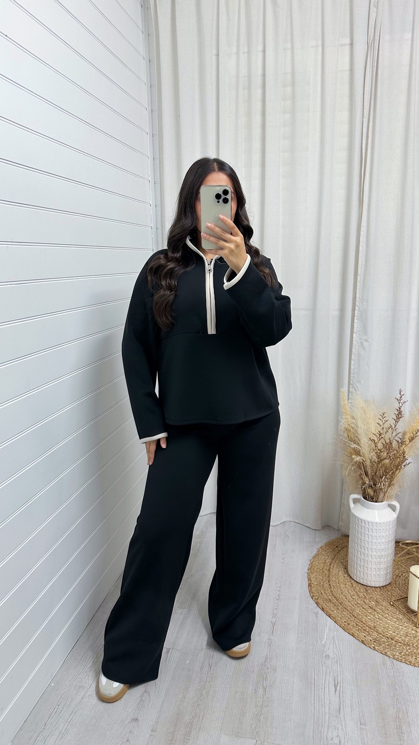 Contrast Half Zip Hoodie and Wide Leg Joggers Co-Ord - BLACK