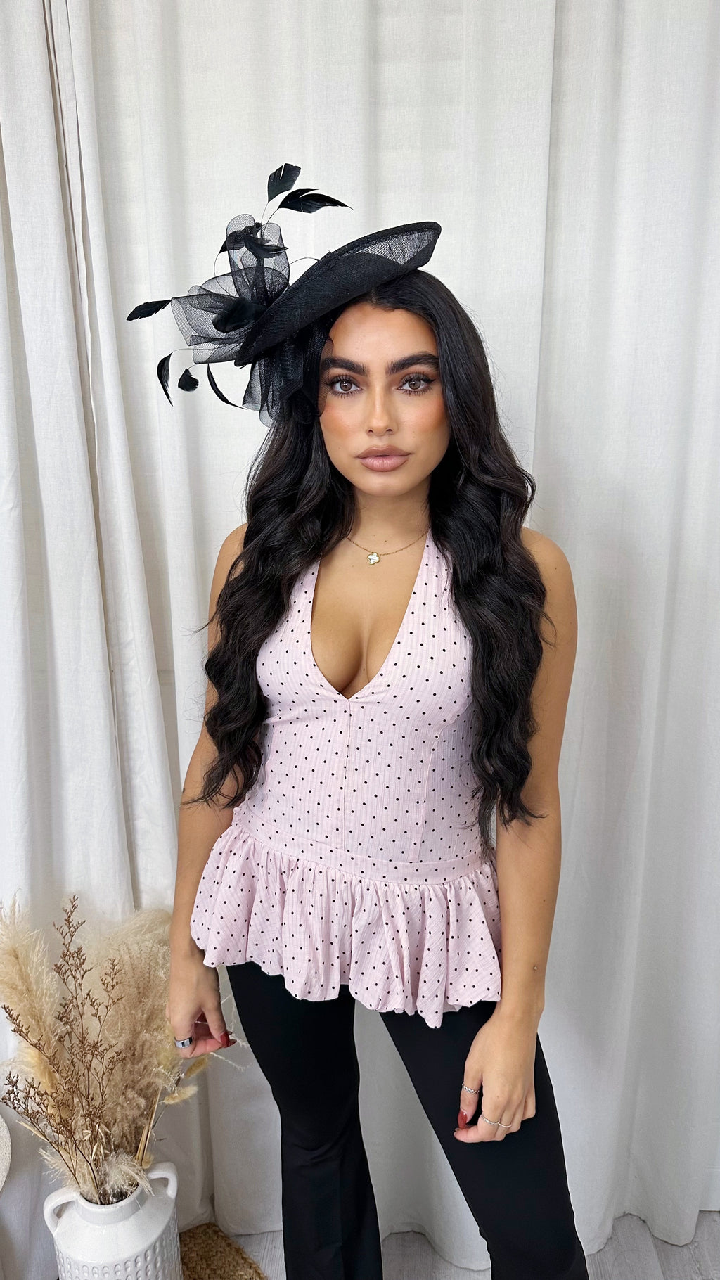 Halter Neck Polka Dot Peplum Top - PINK