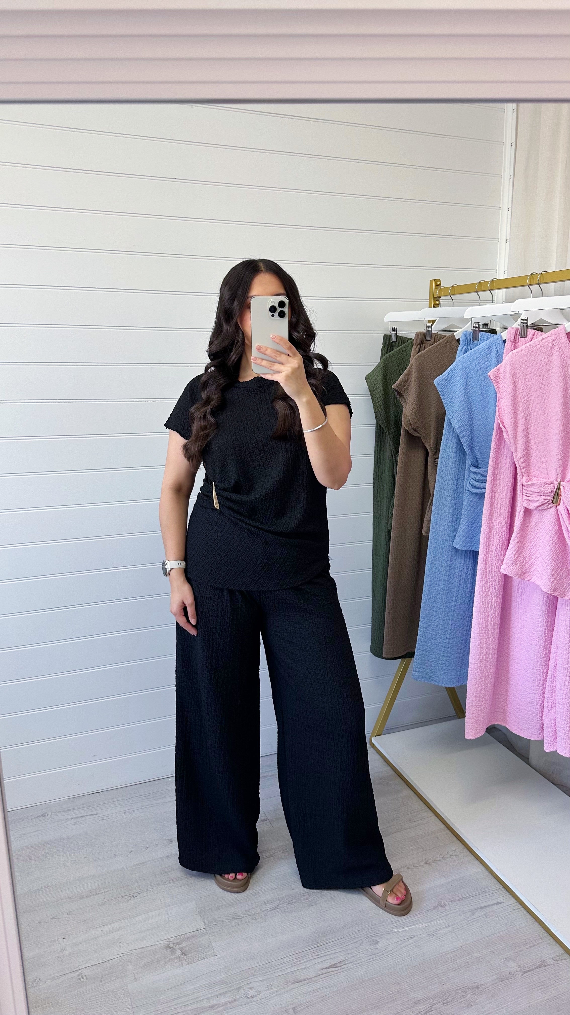 Gold Clasp Ruched Top and Wide Leg Trousers Co-Ord - BLACK