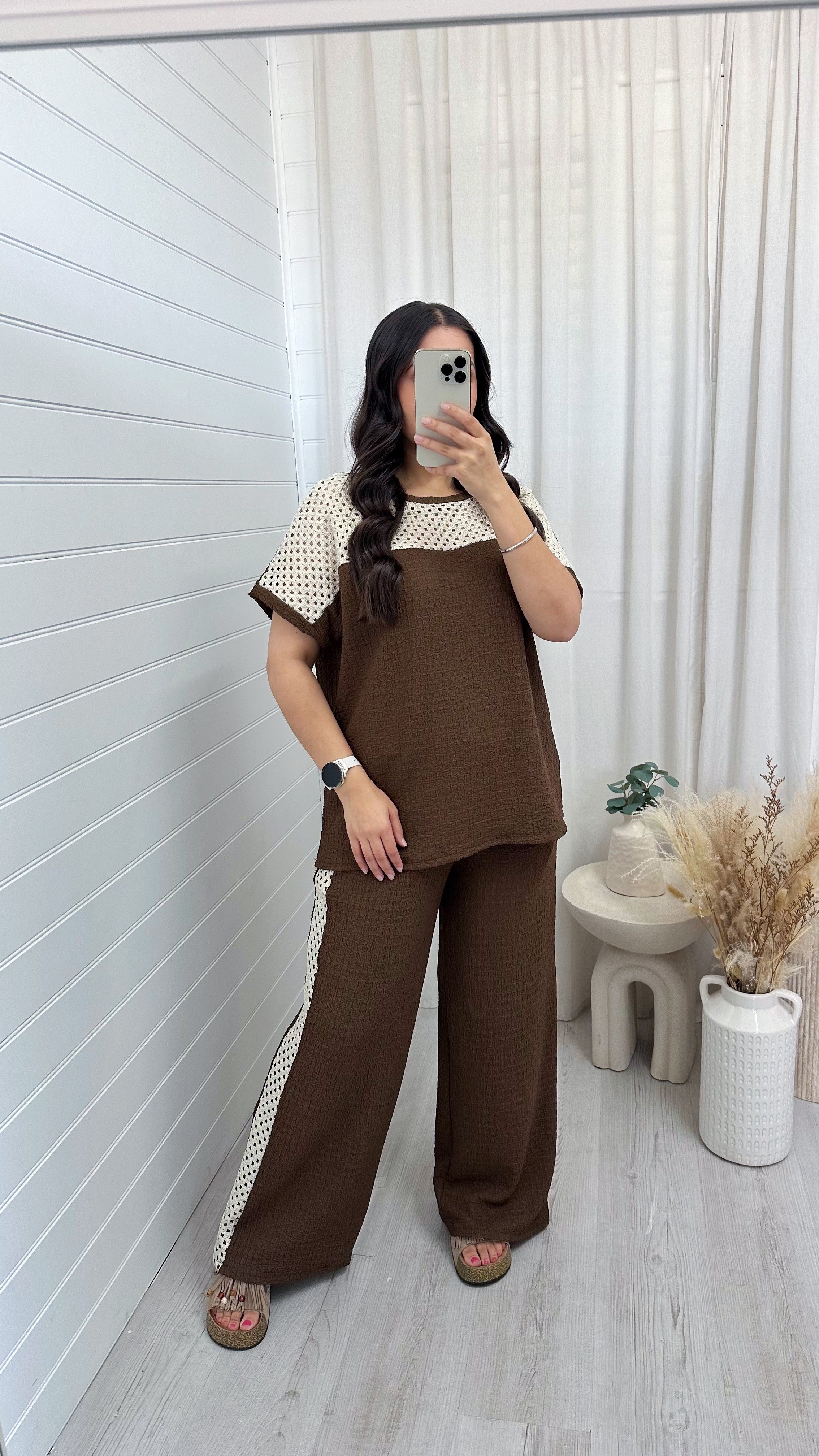 Metallic Mesh T-Shirt and Trouser Co-Ord - LIGHT BROWN