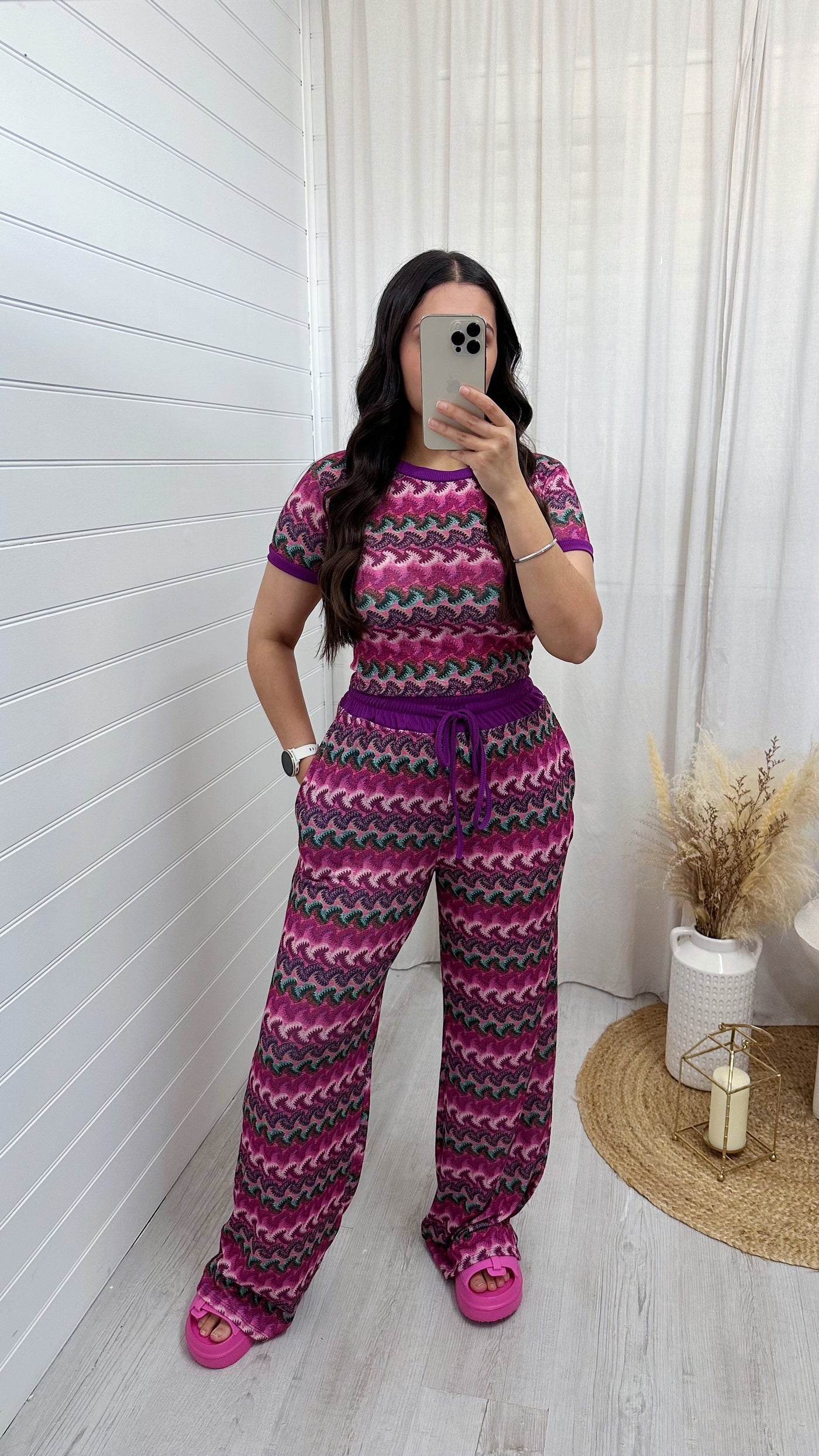 Wavy Crop Top and Straight Leg Trousers Co-Ord - PURPLE