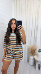 Zig Zag Tie Front T-Shirt and Shorts Co-Ord - BROWN/BLUE