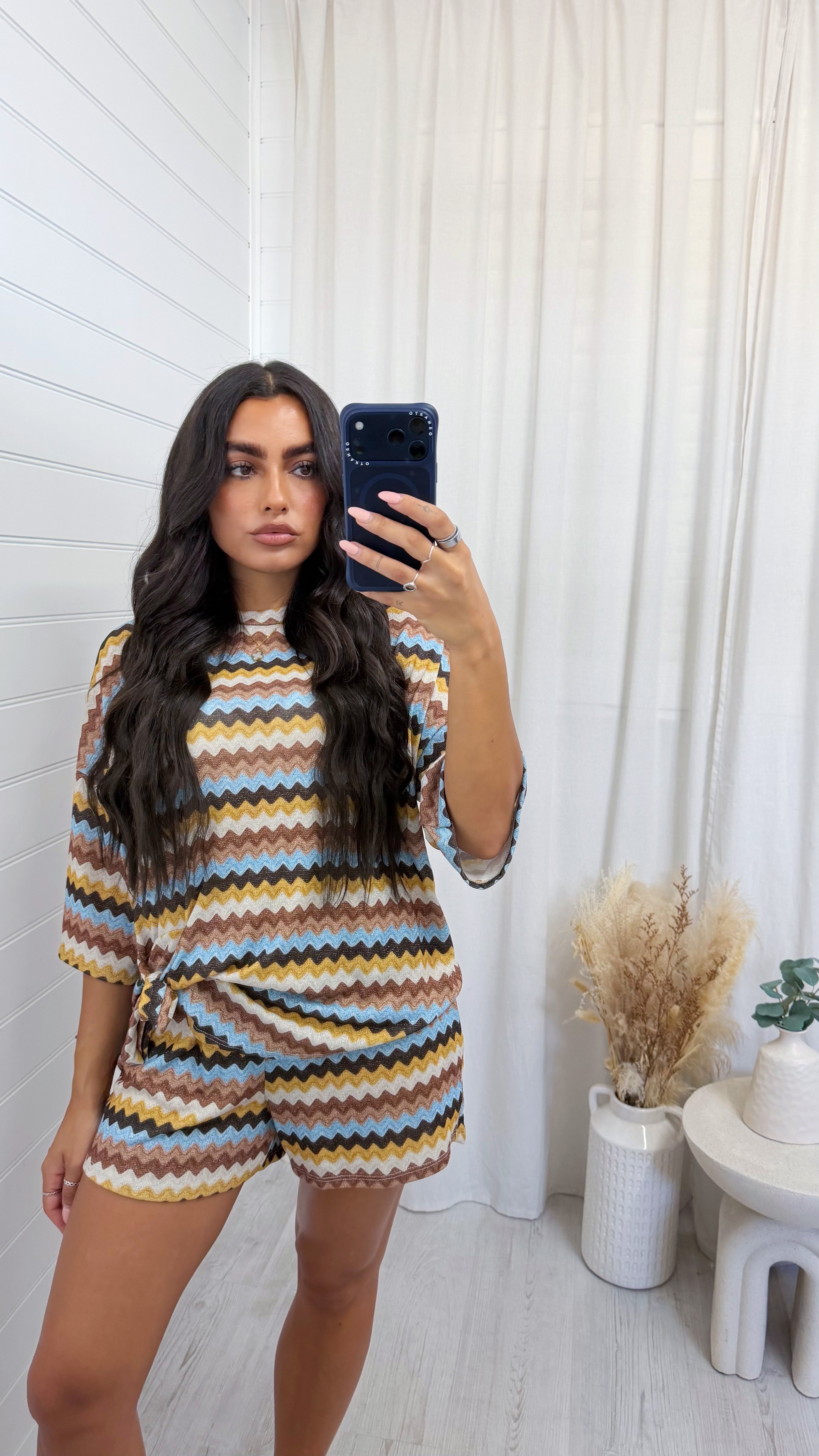 Zig Zag Tie Front T-Shirt and Shorts Co-Ord - BROWN/BLUE
