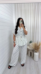 Polka Dot Cinched Shirt and Trousers Co-Ord - WHITE