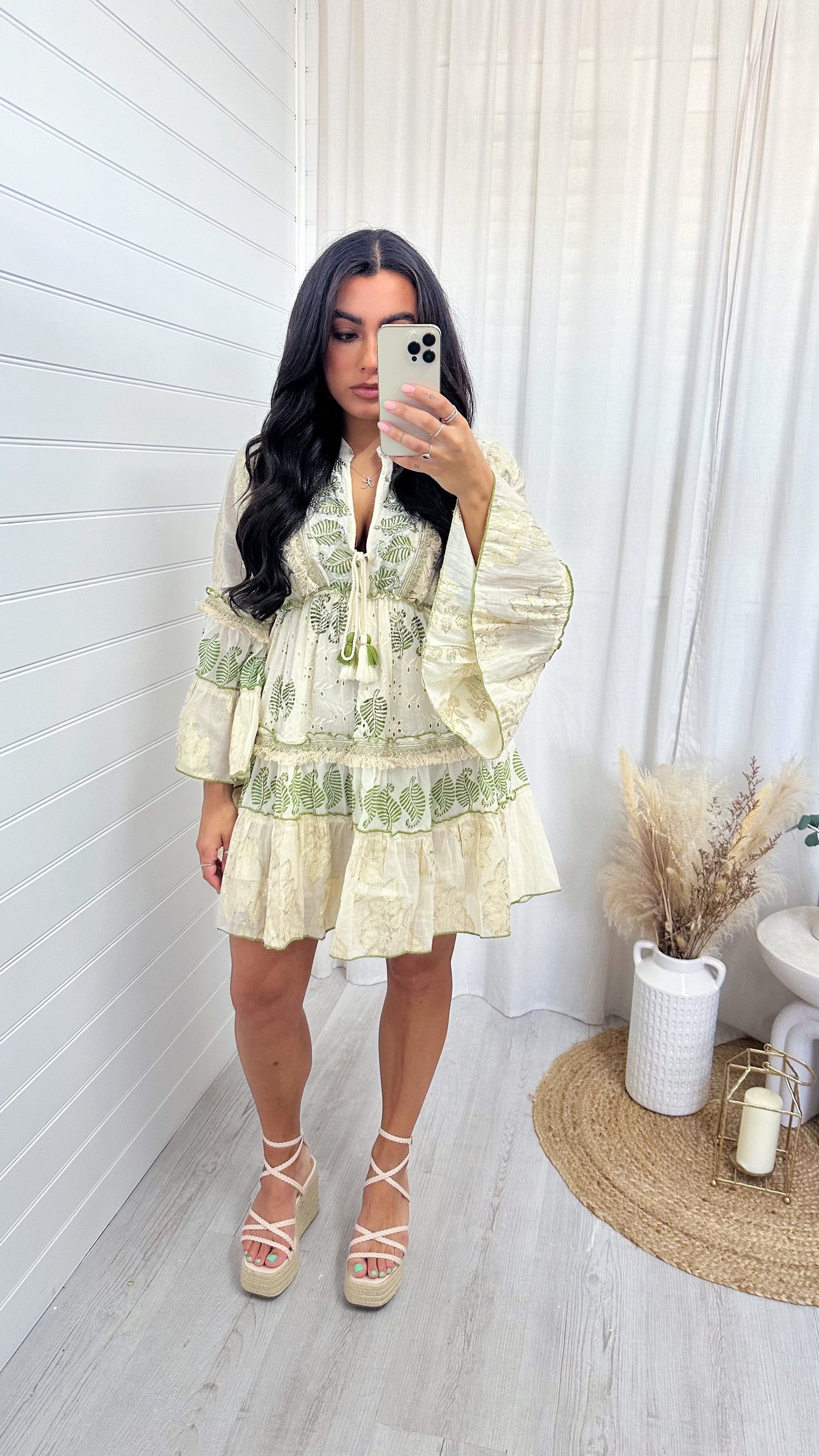 Leaf Print Foil Boho Dress - CREAM/GREEN