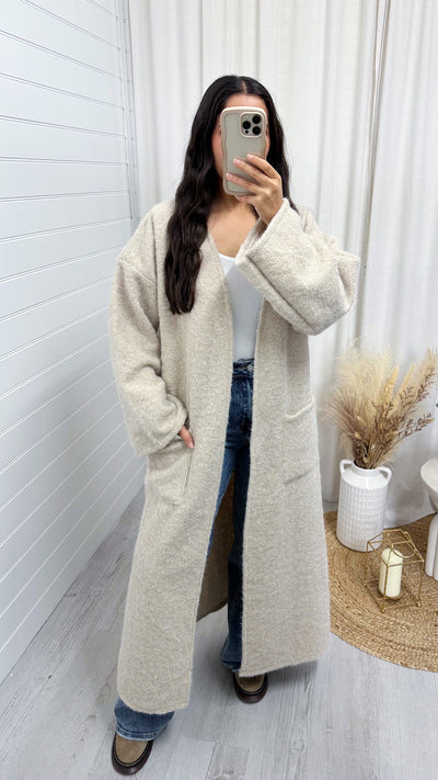 Oversized Long Line Wool Over Coat - BEIGE