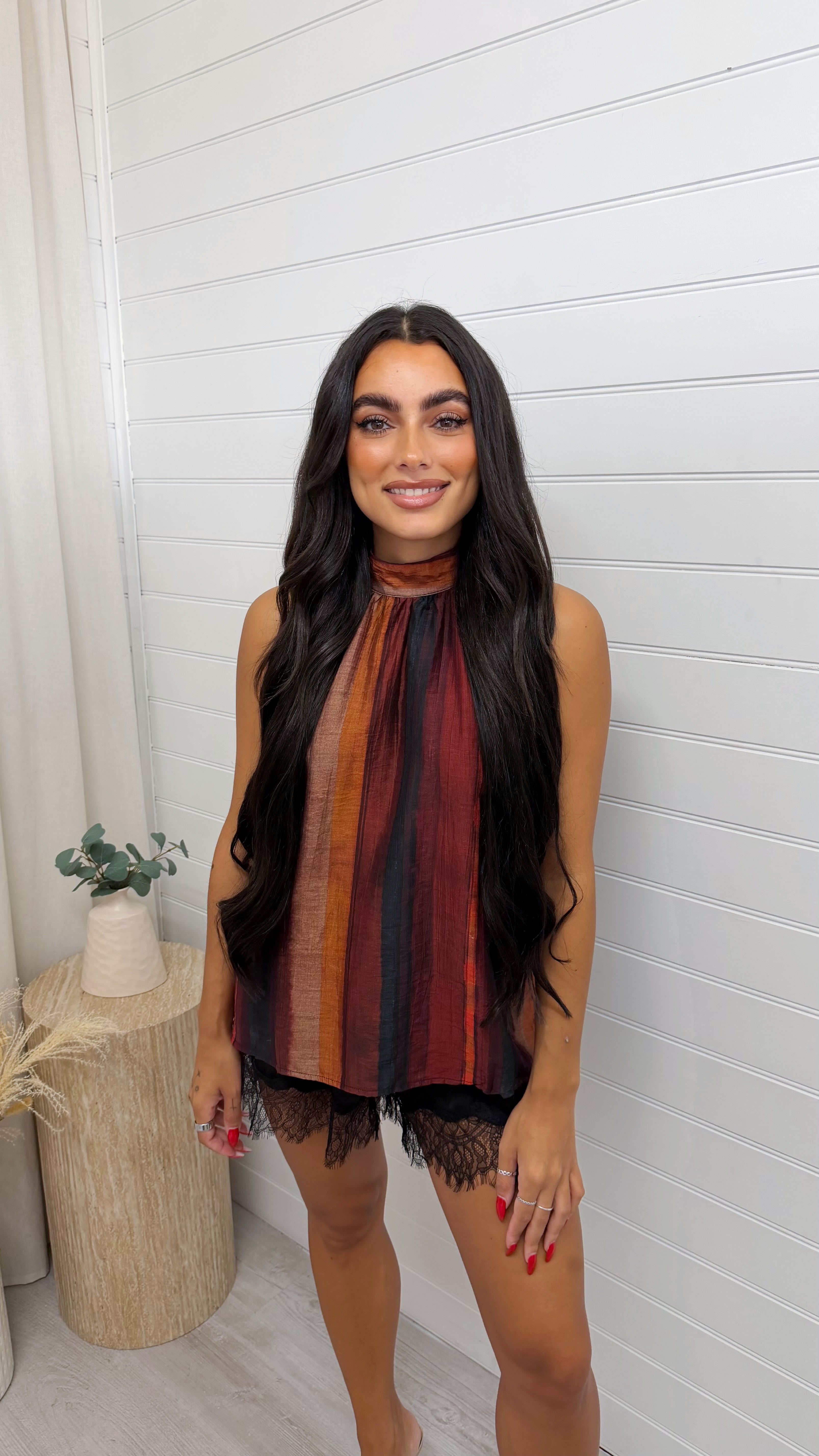 Satin Ombre Stripe Print High Neck Top