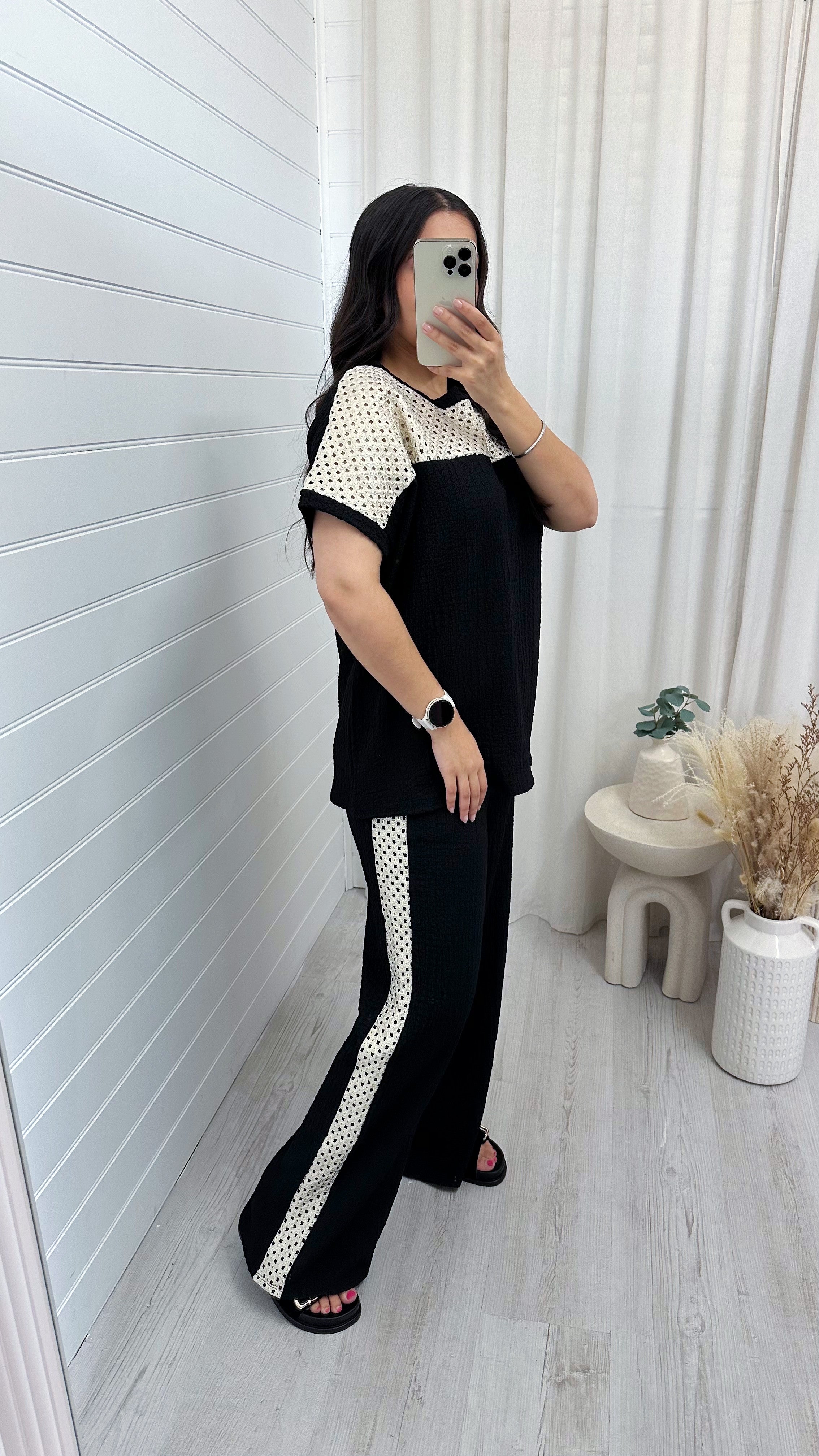 Metallic Mesh T-Shirt and Trouser Co-Ord - BLACK