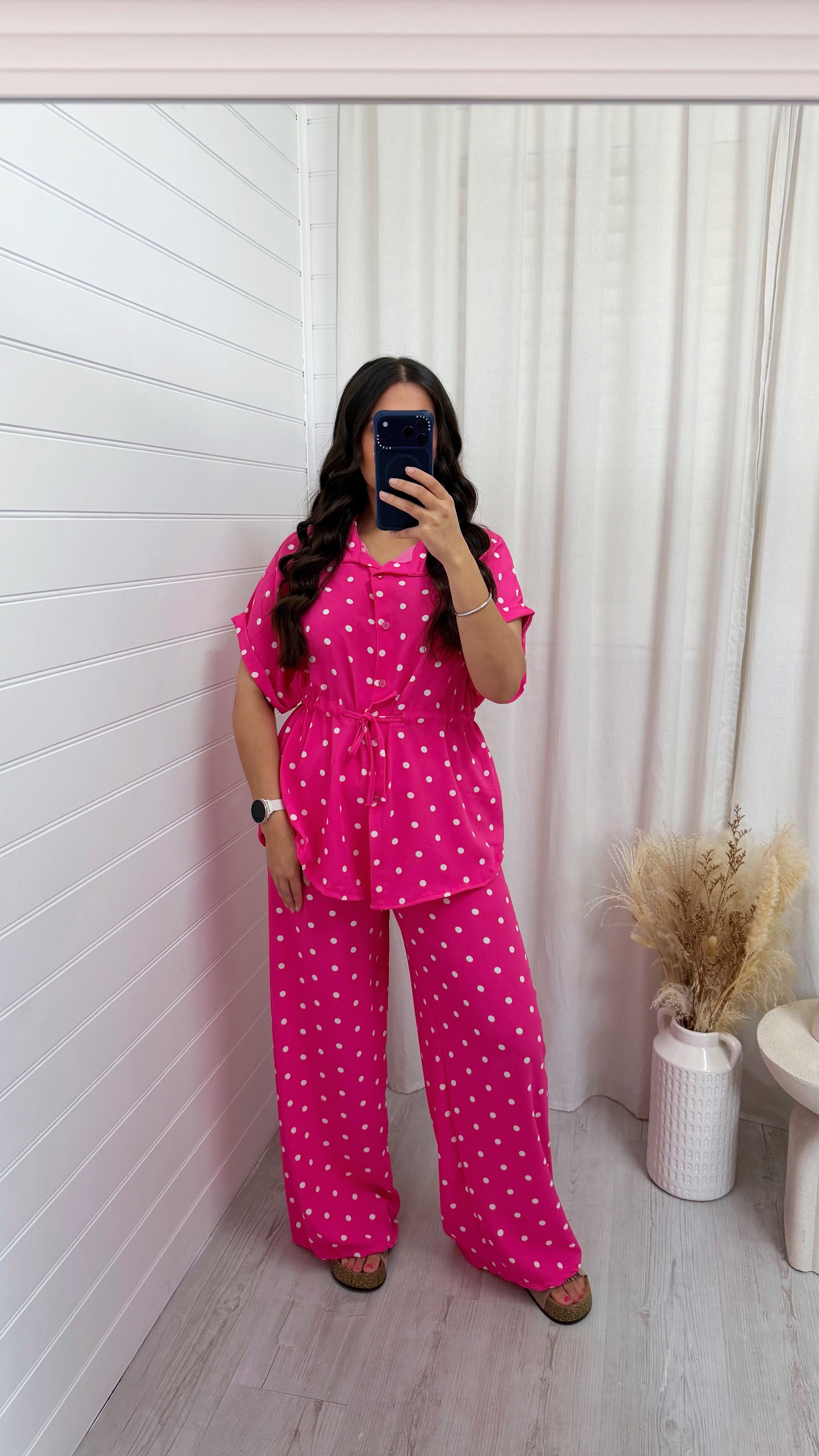 Polka Dot Cinched Shirt and Trousers Co-Ord - HOT PINK