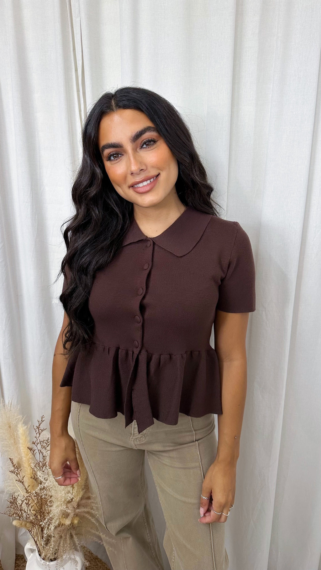 Peplum Fine Knit Cardigan - BROWN
