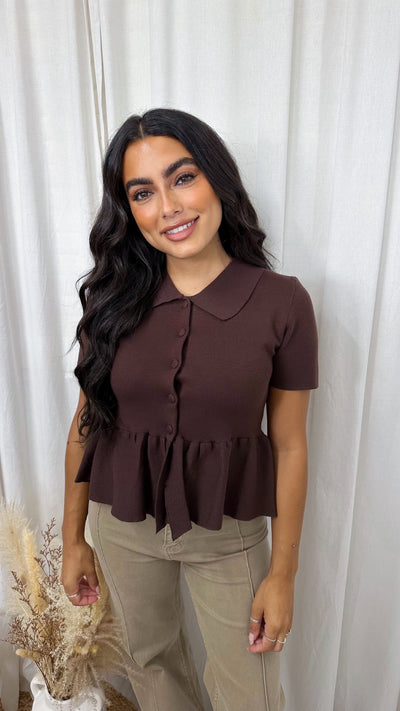 Peplum Fine Knit Cardigan - BROWN