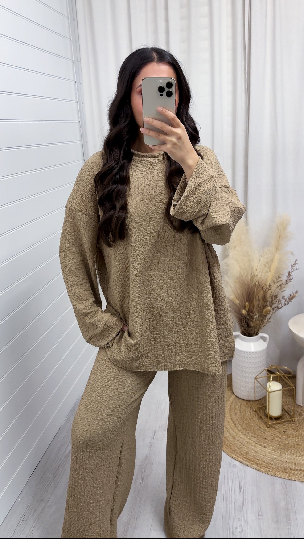 Loose Fit Cheesecloth Long Sleeve Top and Trousers Co-Ord - TAUPE