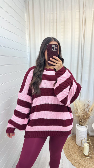 Chunky Knit Stripey Jumper - PINK/BURGUNDY