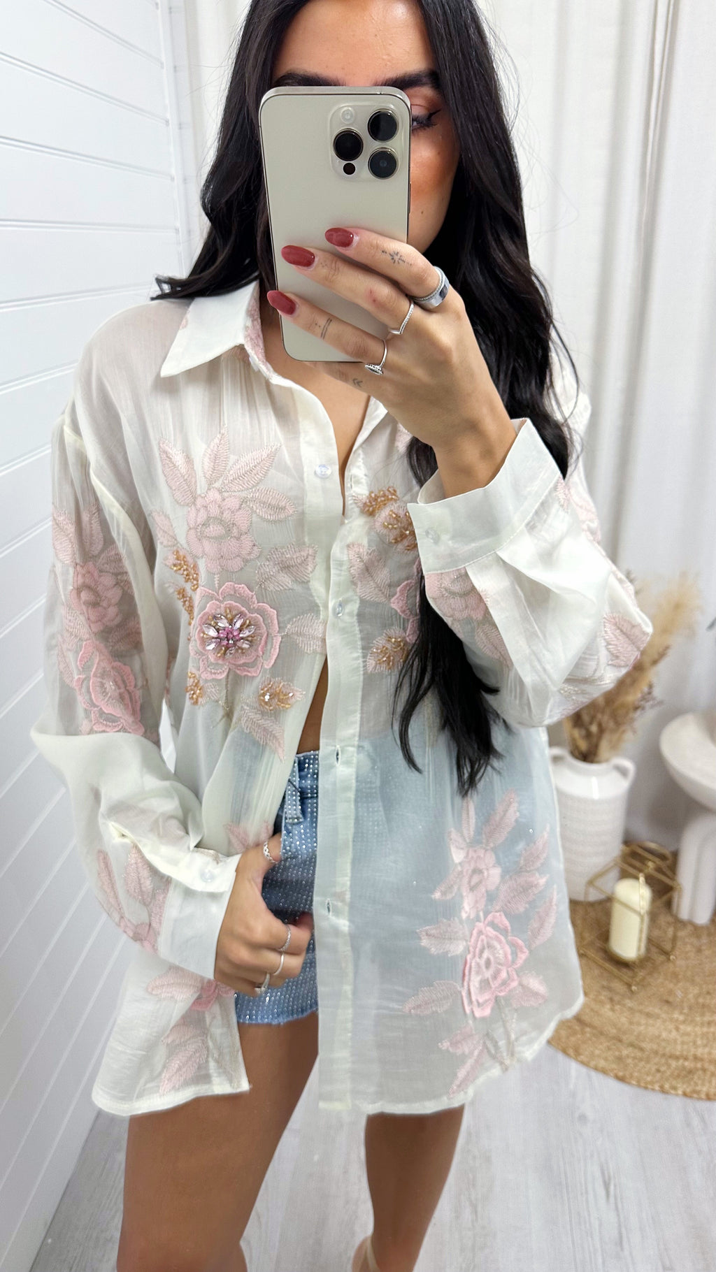 3D Floral Embellished Sheer Shirt - CREAM/PINK