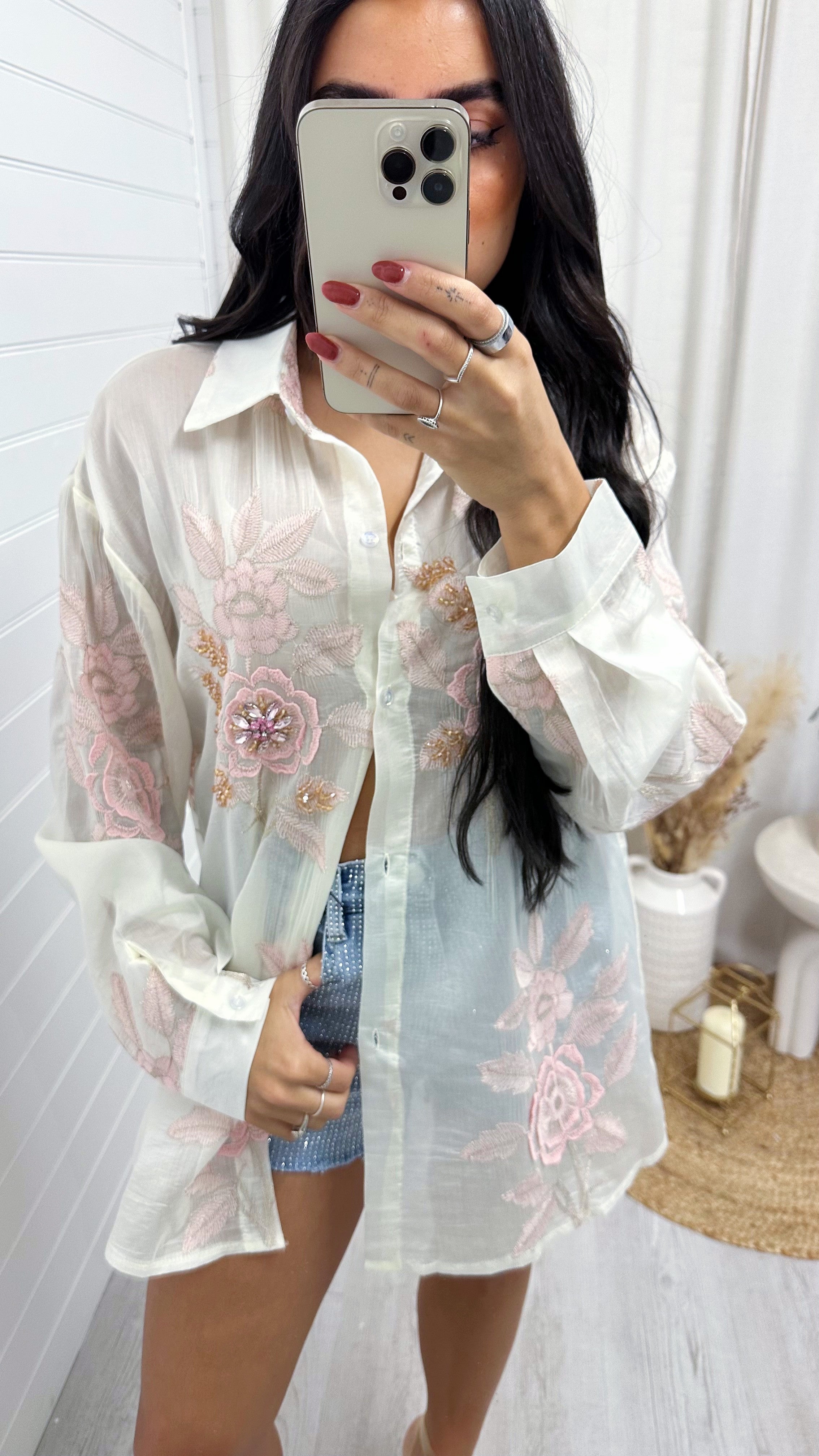 3D Floral Embellished Sheer Shirt - CREAM/PINK