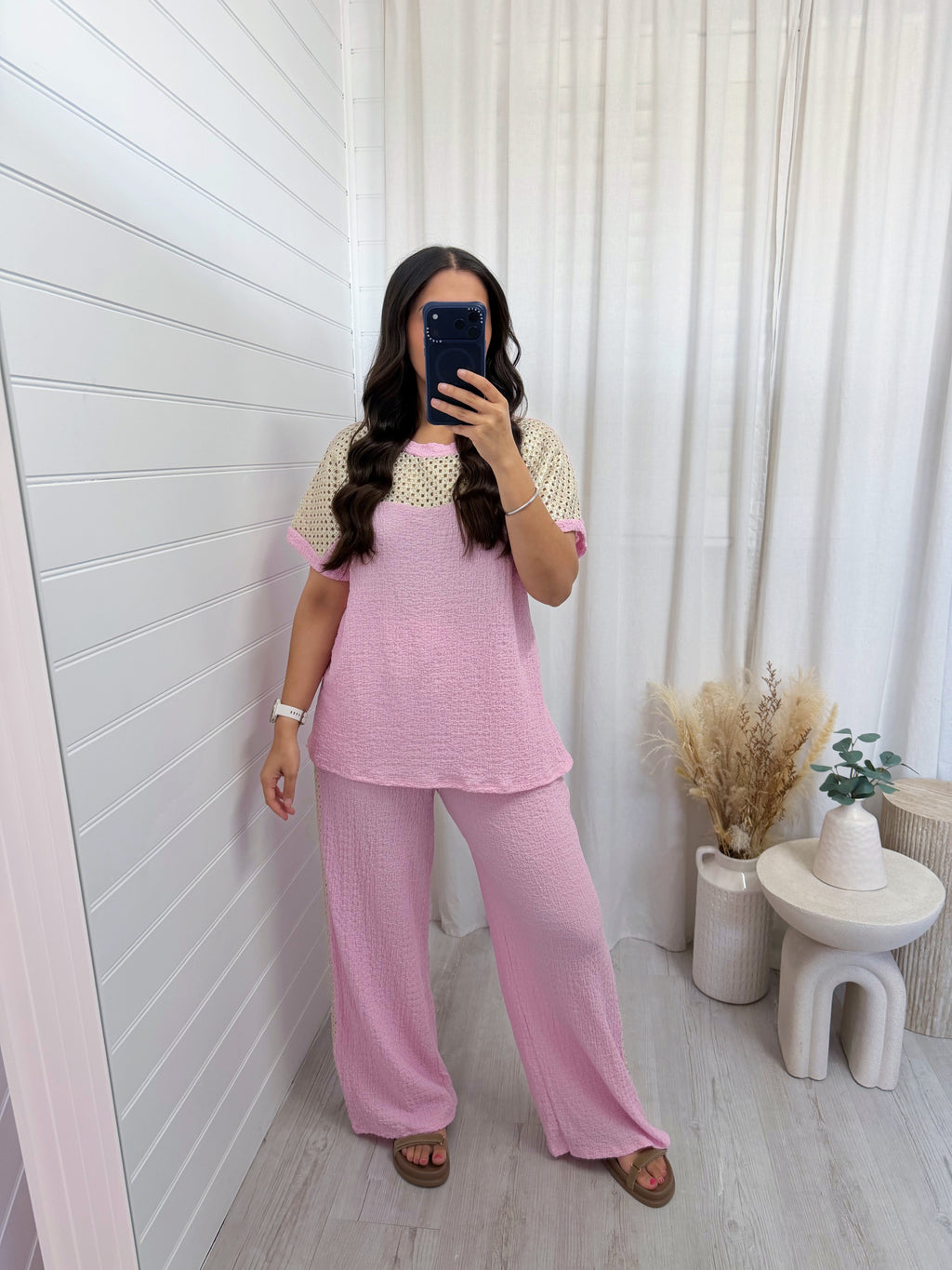 Metallic Mesh T-Shirt and Trouser Co-Ord - BABY PINK