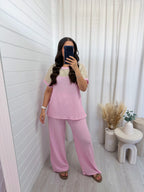 Metallic Mesh T-Shirt and Trouser Co-Ord - BABY PINK