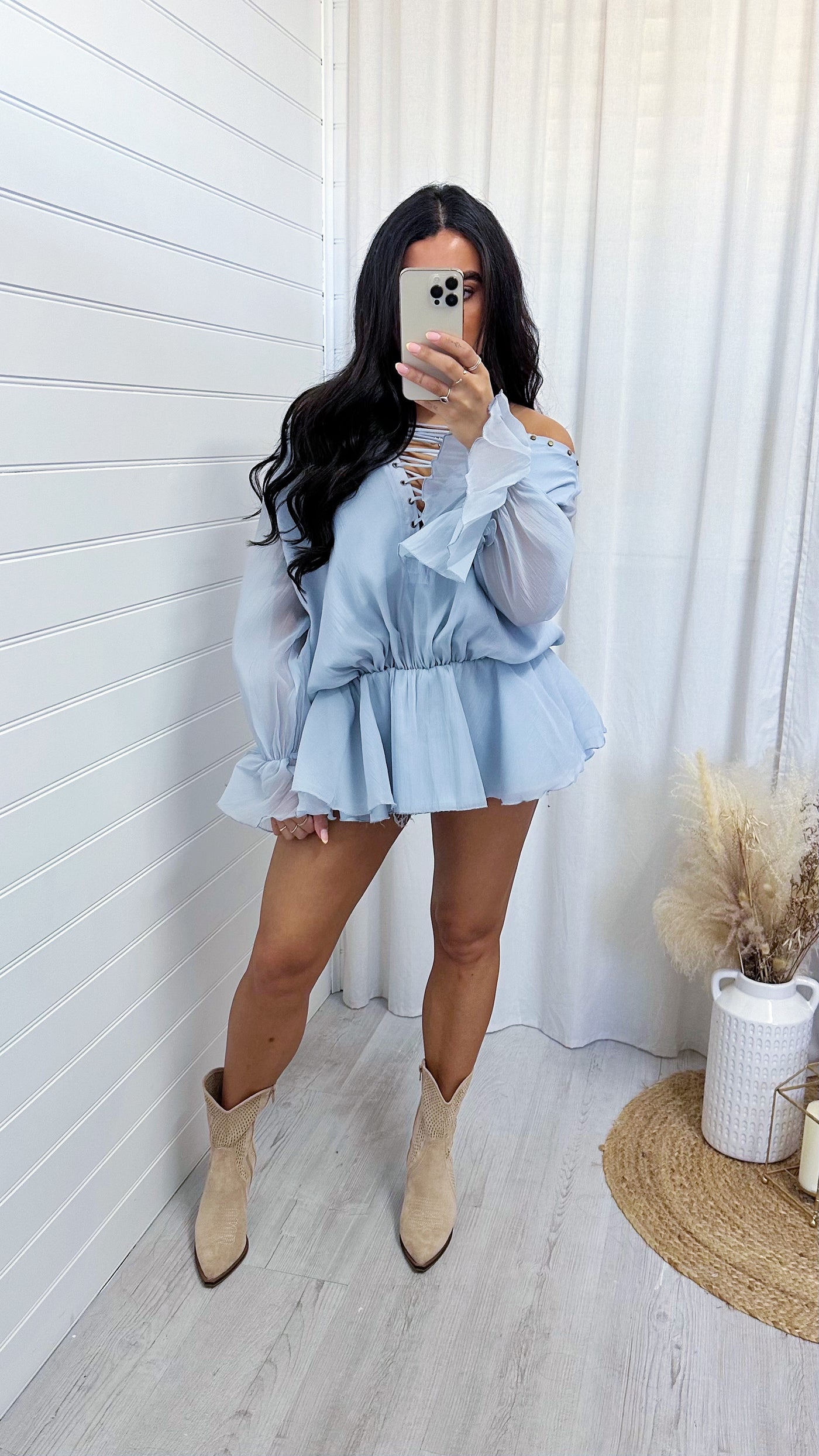 Chiffon Lace Up Peplum Top - POWDER BLUE