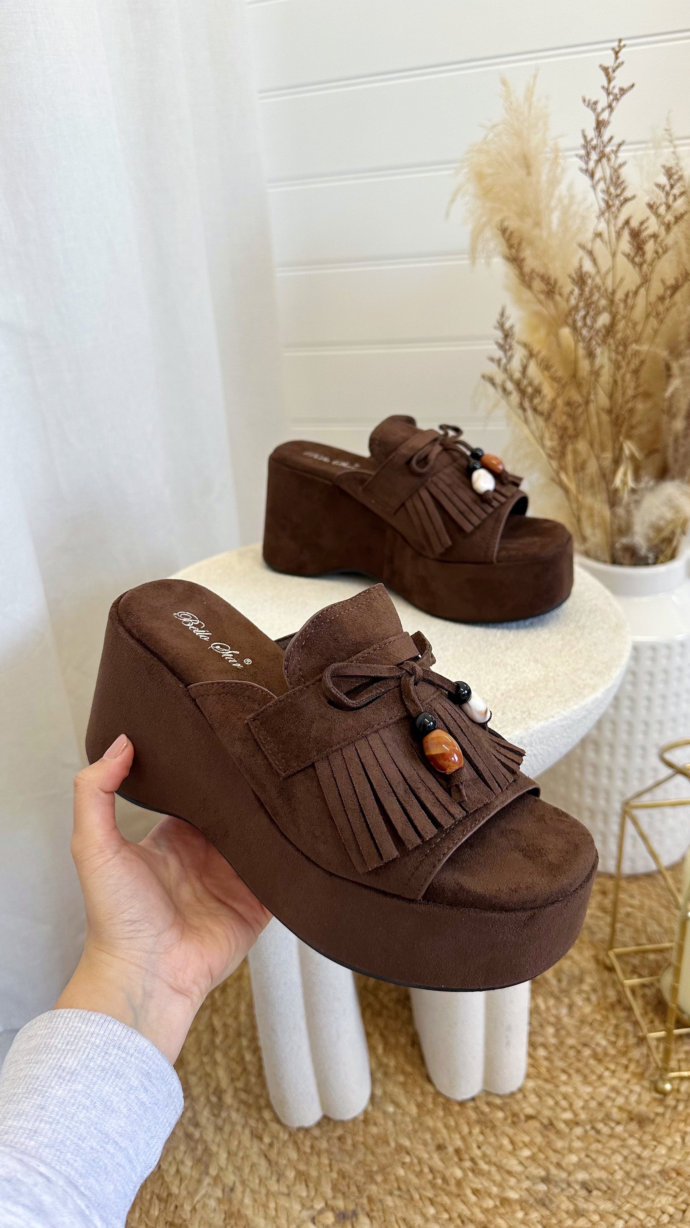 Chunky Platform Tassel Wedges - BROWN