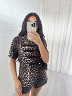 Leopard Print Button Front T-Shirt - BROWN/BLACK