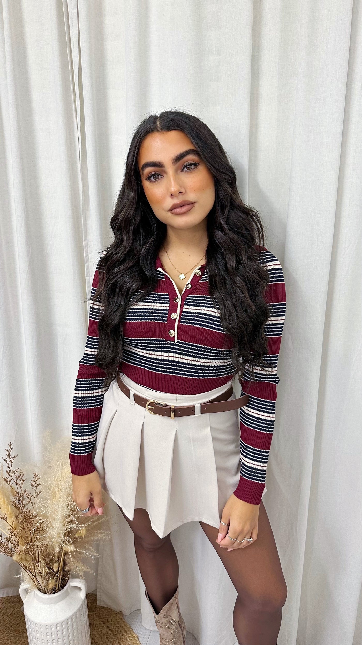 Constrast Stripe Knitted Bodysuit - WINE