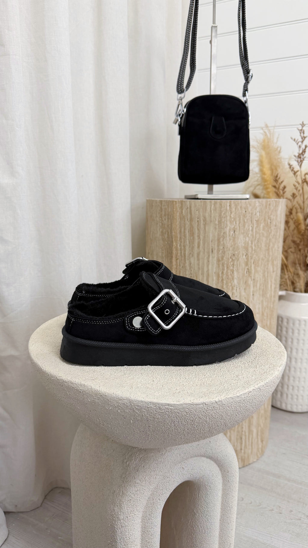 Buckle Strap Faux Fur Loafers - BLACK